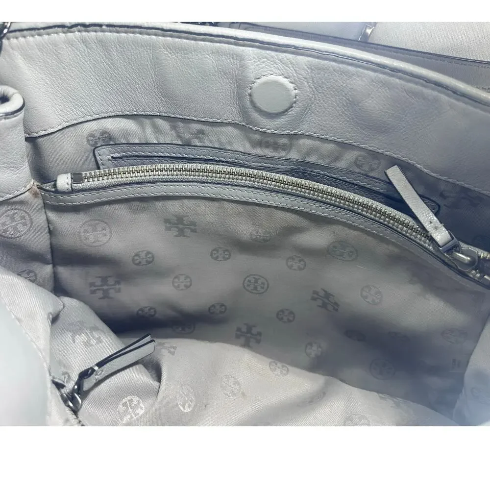 Tory Burch Alexa Quilted Slouchy Soft Leather Tote Purse Grey Pewter Chain